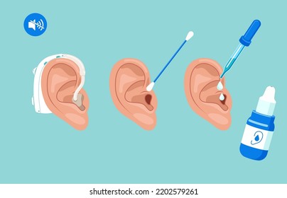 Personal hygiene routine and care. Removing cerumen, otitis treatment with serum medical drops Human ears with aerophone, cotton swab and pipette. Vector illustration.