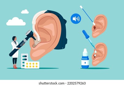 Personal hygiene routine and care. Removing cerumen, otitis treatment with serum medical drops Human ears with aerophone, cotton swab and pipette.Hearing protection. Vector illustration.