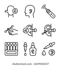 Personal hygiene routine and care. Removing cerumen, otitis treatment with medical drops. Ear canal cleaning icons set. Hearing protection