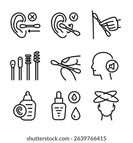 Personal hygiene routine and care. Removing cerumen, otitis treatment with medical drops. Ear canal cleaning icons set. Human ears with cotton swab. Hearing protection. Vector illustration.