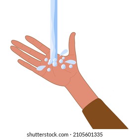Personal hygiene rules. Water with splashes pours on arm. Washing hands. Splash of Water. Human hand with water splashing. Colored flat cartoon vector illustration isolated on white background.
