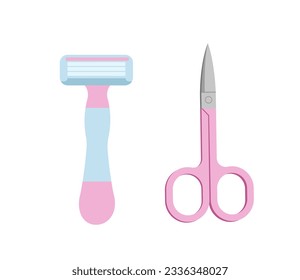 Personal hygiene scissors and razor concept. Purity and routine. Spa procedures and treatment. Beauty, aesthetics and elegance. Cartoon flat vector illustration isolated on white background