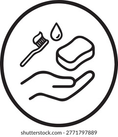 Personal Hygiene and Self Care Vector Icon - Hand with Soap, Toothbrush and Water Drop Silhouette for Healthcare, Cleanliness and Daily Routine Branding