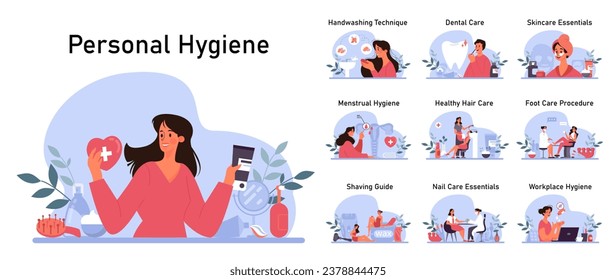 Equipo de higiene personal. Estilo de vida saludable y autocuidado. Carácter dental, de la piel y de la rutina de cuidado de las uñas. Menstruales y afeitadores esenciales. rutina diaria. Ilustración vectorial plana