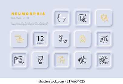 Personal hygiene set icon. Bath, shower, bathroom, wash hands, clean, cross, water, antibacterial, healing ointment. Selfcare concept. Neomorphism. Vector line icon for Business and Advertising.