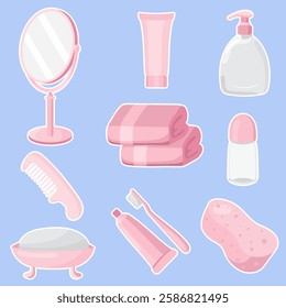 Personal hygiene set icon. Mirror, towels, soap, comb, toothbrush, toothpaste, deodorant, liquid soap, and sponge on a blue background. Used for self-care and daily grooming