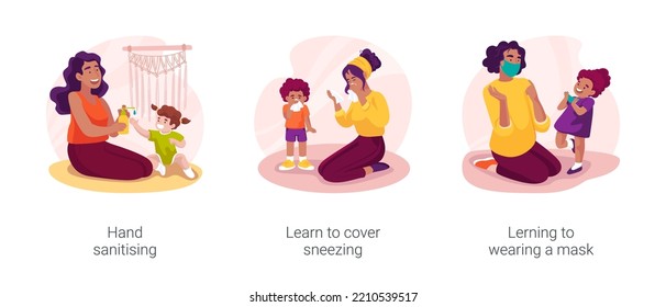 Personal hygiene skills in early education isolated cartoon vector illustration set. Hand sanitising, learn to cover sneezing and wearing a mask, child self-care, protect from virus vector cartoon.