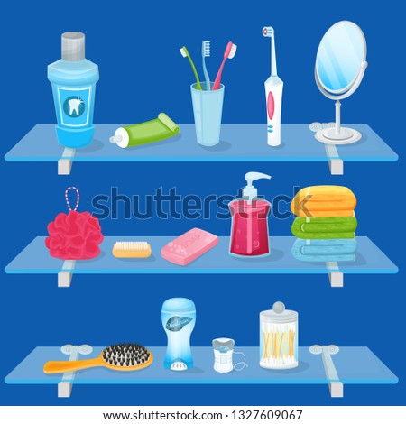 Personal hygiene supplies. Vector cartoon illustration. Bathroom glass shelves with soap, toothbrush, toothpaste and hand towels. Sanitary and care icons and design elements.