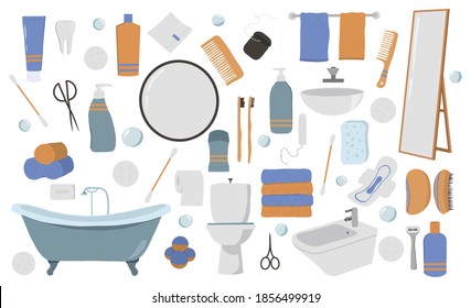 Personal hygiene supplies. Vector set of toiletries hygienic products and bathroom accessories.