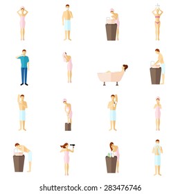 Personal hygiene teeth care shower shaving and cosmetic procedure colored flat icons set isolated vector illustration