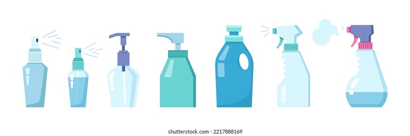 Personal hygiene types of care for cleanliness of hands. Isolated antiseptics and sanitizers in containers with spray, health care bottles set. Vector in flat style