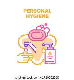 Personal Hygiene Vector Icon Concept. Washing Hands With Soap And Liquid Sanitizer Bottle With Pump For Personal Hygiene. Sanitary And Health Protection Soapy Foam Color Illustration