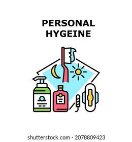 Personal Hygiene Vector Icon Concept. Swab And Pad Woman Personal Hygiene Accessories, Cream And Lotion Cosmetic Package, Toothbrush And Toothpaste For Brushing Teeth Color Illustration