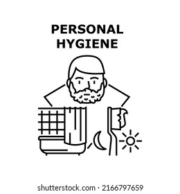 Personal Hygiene Vector Icon Concept. Shower Bathing, Teeth Brushing And Shaving Personal Hygiene Procedure In Bathroom. Daily Hygienic Treatment For Health Care Black Illustration