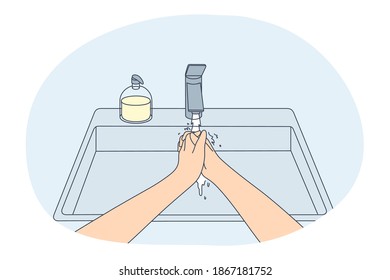 Personal hygiene, washing hands, protection from virus concept. Person washing hands properly with liquid soap and hot water for protective care at home or in public place. Disinfection, cleaning 