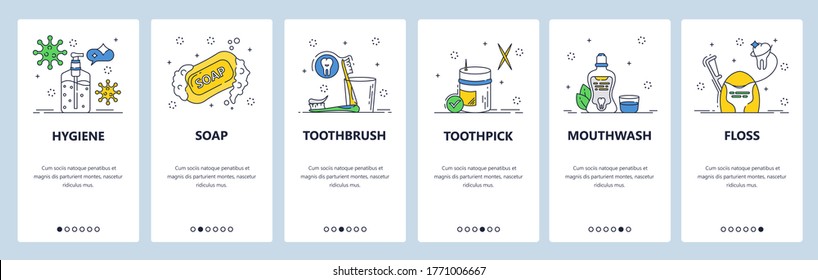 Sitio web de higiene personal y pantallas de internado de aplicaciones móviles. Plantilla vectorial de banner de menú para el desarrollo de sitios web y aplicaciones. cepillo de dientes, cepillo de dientes, enjuague bucal, hilo dental, jabón. Higiene dental y manual