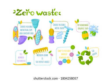Personal hygiene zero waste set. Symbol of recycling, reusable items and go green instructions. Vector illustration in cartoon style