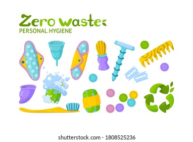 Higiene personal cero residuos. Símbolo de reciclado y reutilizables. Ilustración vectorial en estilo de caricatura