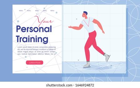 Personal Ice-Skating Training Landing Page. Winter Sport. Cartoon Smiling Man in Sportswear Exercising on Ice Rink at Stadium. Figure Skating. Editable Informational Text. Vector flat illustration