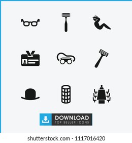 Personal icon. collection of 9 personal filled icons such as hat, razor, hair curler, welding glasses, glasses, meeting. editable personal icons for web and mobile.