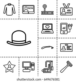 Personal icon. set of 13 outline personalicons such as razor, hat, sweater, badge, laptop with heart, mp3 player, favourite user, pc, fintess equipment