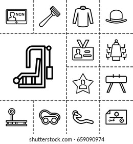 Personal icon. set of 13 outline personalicons such as hat, razor, sweater, welding glasses, abdoninal workout, badge, favourite user, meeting, check, fintess equipment