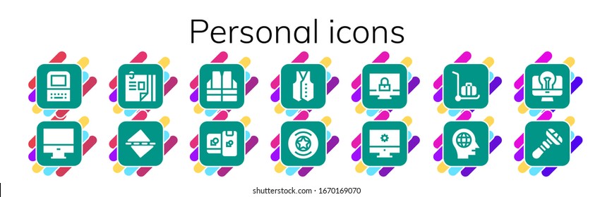 personal icon set. 14 filled personal icons. Included Old computer, Computer, Curriculum vitae, Straighten, Vest, Computing, Badge, Delivery cart, Head, Razor icons