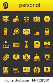 personal icon set. 26 filled personal icons.  Collection Of - Computer, Head, WASHING HANDS, Vest, ID, Badge, Recorder, Hand mirror, Delivery cart, Locker, Motivation, Notebook