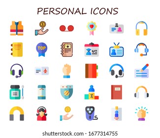 personal icon set. 30 flat personal icons.  Simple modern icons such as: vest, loan, record, badge, id card, headphones, notebook, identification, motivation, cheque, antiseptic