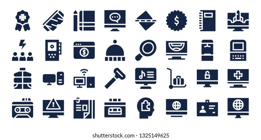 personal icon set. 32 filled personal icons. on blue background style Simple modern icons about  - Badge, Motivation, Vest, Recorder, Safety glasses, Computer, Notebook, Personal computer