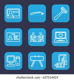 Personal icon. set of 9 outline personal icons such as razor, badge, laptop with heart, meeting, pc, fintess equipment