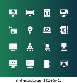 personal icon set. Collection of 16 filled personal icons included Computer, Notebook, Delivery cart, Trainer, Contact book, Badge, Data protection