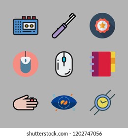 personal icon set. vector set about wristwatch, agenda, badges and toothbrush icons set.