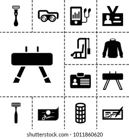 Personal icons. set of 13 editable filled personal icons such as hair curler, check, fintess equipment, gym equipment, mp3 player, badge, razor, sweater