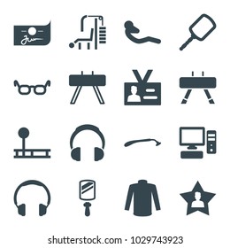 Personal icons. set of 16 editable filled personal icons such as razor, mirror, sweater, glasses, headphones, fintess equipment, abdoninal workout, badge, favorite user, pc