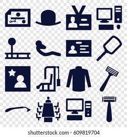 Personal icons set. set of 16 personal filled icons such as razor, mirror, hat, sweater, badge, abdoninal workout, pc, meeting, favorite photo, check, fintess equipment