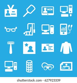 Personal icons set. set of 16 personal filled icons such as razor, mirror, hair curler, sweater, badge, welding glasses, mp3 player, pc, favorite photo, glasses, check