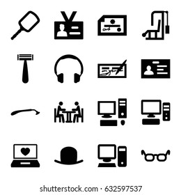 Personal icons set. set of 16 personal filled icons such as razor, mirror, hat, badge, laptop with heart, pc, meeting, headphones, glasses, check