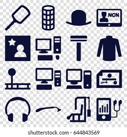 Personal icons set. set of 16 personal filled icons such as razor, mirror, hat, hair curler, sweater, mp3 player, pc, favorite photo, badge, headphones, check
