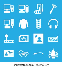 Personal icons set. set of 16 personal filled icons such as razor, hair curler, sweater, badge, welding glasses, pc, meeting, favorite photo, headphones, check