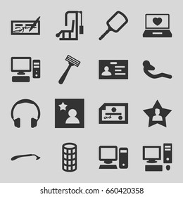 Personal icons set. set of 16 personal filled icons such as razor, mirror, hair curler, badge, abdoninal workout, laptop with heart, favourite user, pc, favorite photo