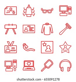 Personal icons set. set of 16 personal outline icons such as mirror, razor, sweater, badge, abdoninal workout, laptop with heart, favourite user, pc, meeting, favorite photo