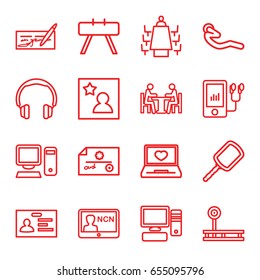 Personal icons set. set of 16 personal outline icons such as mirror, badge, abdoninal workout, laptop with heart, mp3 player, pc, meeting, favorite photo, check