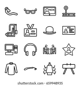 Personal icons set. set of 16 personal outline icons such as razor, hat, sweater, badge, abdoninal workout, favourite user, pc, meeting, glasses, fintess equipment