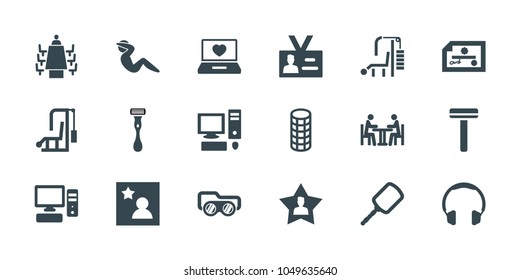 Personal icons. set of 18 editable filled personal icons: razor, mirror, headphones, check, gym equipment, laptop with heart, badge, favorite user, pc, meeting, favorite photo