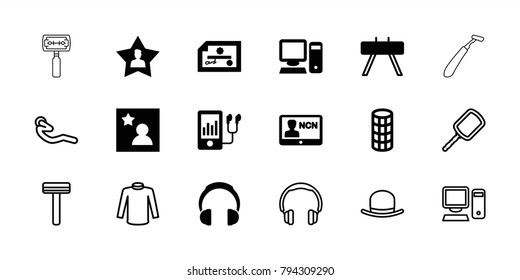 Personal icons. set of 18 editable filled and outline personal icons: hair curler, check, fintess equipment, mp3 player, favorite user, favorite photo, pc, badge, razor