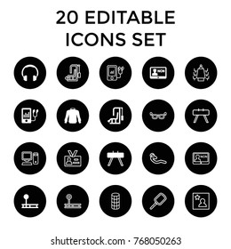 Personal icons. set of 20 editable filled and outline personal icons such as headphones, fintess equipment, gym equipment, mp3 player, badge, mirror, hair curler, glasses