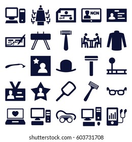 Personal icons set. set of 25 personal filled icons such as razor, mirror, hat, sweater, badge, welding glasses, laptop with heart, mp3 player, favourite user, pc, meeting