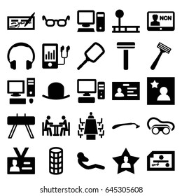 Personal icons set. set of 25 personal filled icons such as razor, mirror, hat, hair curler, badge, welding glasses, abdoninal workout, mp3 player, favourite user, pc, meeting