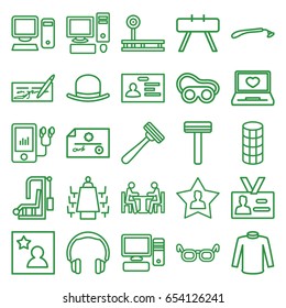 Personal icons set. set of 25 personal outline icons such as razor, hat, hair curler, sweater, badge, welding glasses, laptop with heart, mp3 player, favourite user, pc